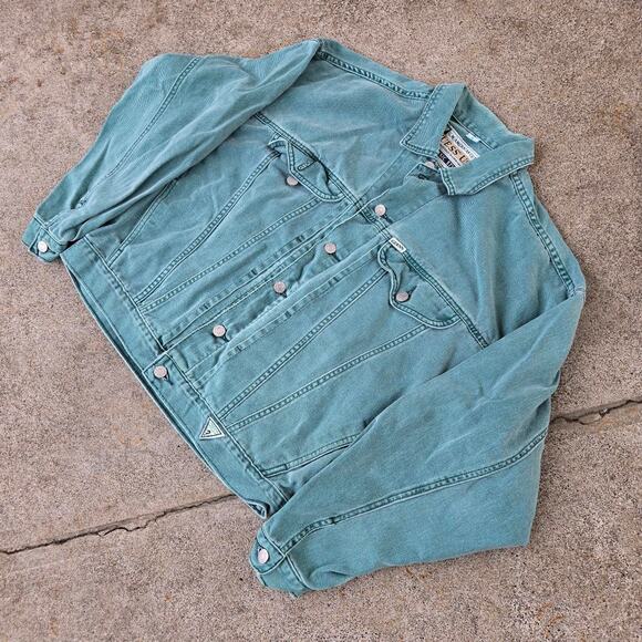 Vtg 90s GUESS JEANS Triangle Logo Patch Earthtone Wash Denim Trucker Jacket Lg - Picture 2 of 7
